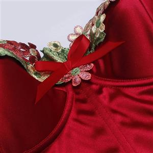 Vintage Red Satin Shapewear - Floral Lace Corset with Adjustable Straps for Elegant Occasions N237824