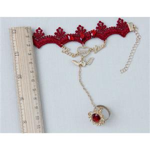 Vintage Red Wristband Golden Heart Embellished Bracelet with Ring J18086