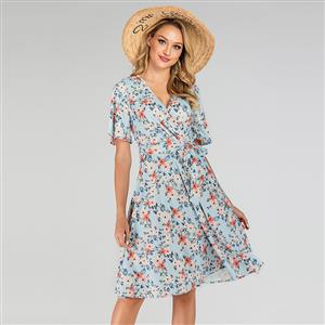 Vintage Light-blue Floral Printed Low-cut Tying Short Sleeve High Waist Summer Day Dress N19505