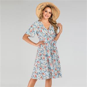 Vintage Light-blue Floral Printed Low-cut Tying Short Sleeve High Waist Summer Day Dress N19505