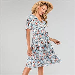 Vintage Light-blue Floral Printed Low-cut Tying Short Sleeve High Waist Summer Day Dress N19505