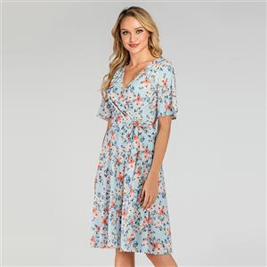 Vintage Light-blue Floral Printed Low-cut Tying Short Sleeve High Waist Summer Day Dress N19505