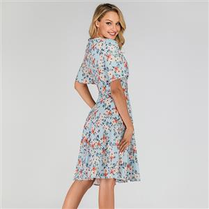 Vintage Light-blue Floral Printed Low-cut Tying Short Sleeve High Waist Summer Day Dress N19505