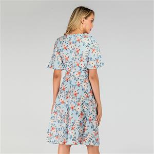 Vintage Light-blue Floral Printed Low-cut Tying Short Sleeve High Waist Summer Day Dress N19505