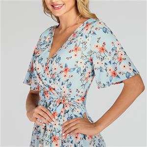 Vintage Light-blue Floral Printed Low-cut Tying Short Sleeve High Waist Summer Day Dress N19505