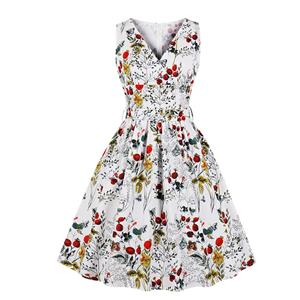 Vintage Floral Printed V Neck High-waisted Sleeveless Cocktail Midi Dress with Belt N19087