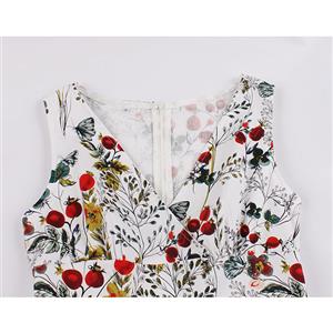 Vintage Floral Printed V Neck High-waisted Sleeveless Cocktail Midi Dress with Belt N19087