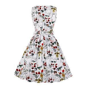 Vintage Floral Printed V Neck High-waisted Sleeveless Cocktail Midi Dress with Belt N19087