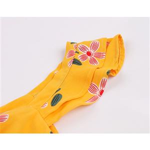 Elegant Flower Pattern Ruffle Straps V-neck Natural Waist Party A-line Swing Dress N19090