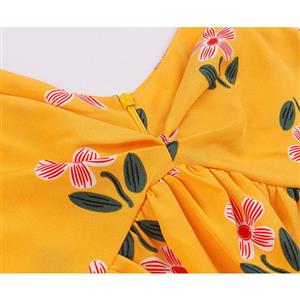 Elegant Flower Pattern Ruffle Straps V-neck Natural Waist Party A-line Swing Dress N19090
