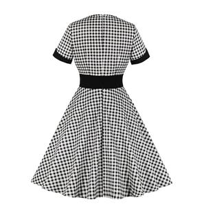 Vintage Black and White Check Lapel Short Sleeve High Waist A-line Midi Dress N19142