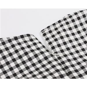 Vintage Black and White Check Lapel Short Sleeve High Waist A-line Midi Dress N19142