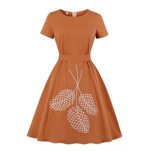 Elegant Leaves Embroidered Round Neck Short Sleeve Belted A-line Day Dress N19239