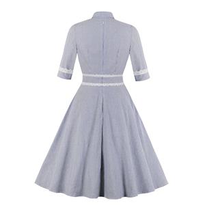 Elegant Pinstripe Turndown Lace Trim Half Sleeve Front Button A-line Day Dress N19242