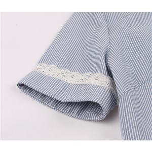 Elegant Pinstripe Turndown Lace Trim Half Sleeve Front Button A-line Day Dress N19242