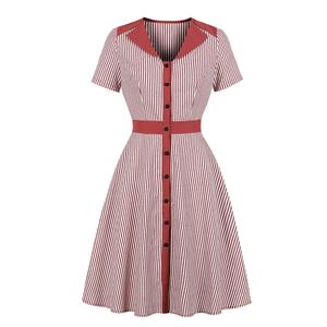 Elegant Pinstripe Lapel Short Sleeve Front Button High Waist Day Dress N19496