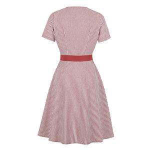 Elegant Pinstripe Lapel Short Sleeve Front Button High Waist Day Dress N19496