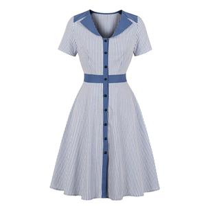 Elegant Pinstripe Lapel Short Sleeve Front Button High Waist Day Dress N19497