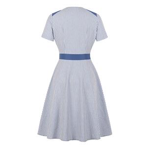 Elegant Pinstripe Lapel Short Sleeve Front Button High Waist Day Dress N19497