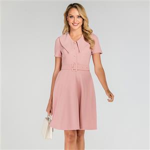 Vintage Light-pink Belted Lapel Short Sleeve OL High Waist Day Dress N19499