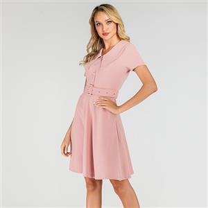 Vintage Light-pink Belted Lapel Short Sleeve OL High Waist Day Dress N19499