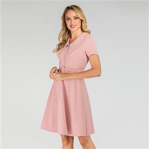 Vintage Light-pink Belted Lapel Short Sleeve OL High Waist Day Dress N19499