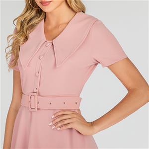 Vintage Light-pink Belted Lapel Short Sleeve OL High Waist Day Dress N19499