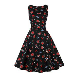 Retro Rose and Heart Print Round Neckline Sleeveless High Waist Summer Party Midi Dress N21861