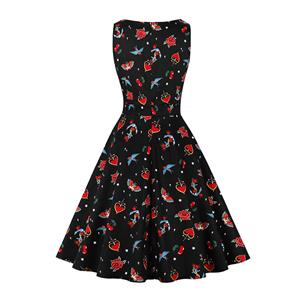 Retro Rose and Heart Print Round Neckline Sleeveless High Waist Summer Party Midi Dress N21861