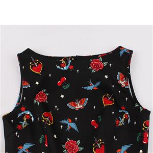 Retro Rose and Heart Print Round Neckline Sleeveless High Waist Summer Party Midi Dress N21861