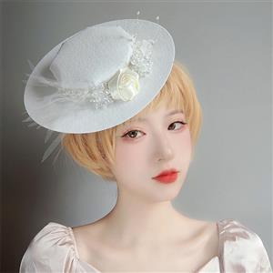 Vintage White Rose and Pearl Fascinator Bridal Bowler-hat Princess Cosplay Party Accessory J21679