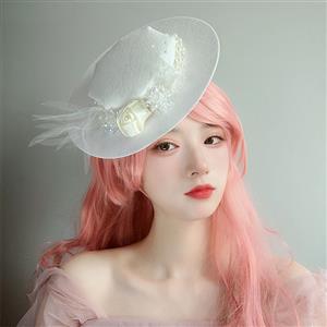 Vintage White Rose and Pearl Fascinator Bridal Bowler-hat Princess Cosplay Party Accessory J21679