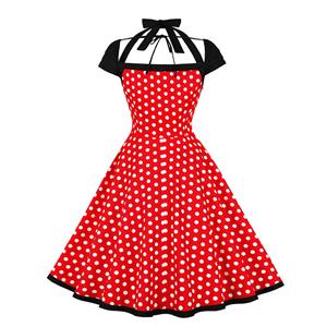 Vintage Sweetheart Round Dot Lace-up Short Sleeve High Waist Midi Dress N22774