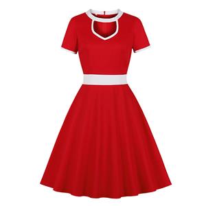 1950's Vintage Round Neck Cut-out Short Sleeves High Waist Color Blocking Cocktail Midi Dress N21487