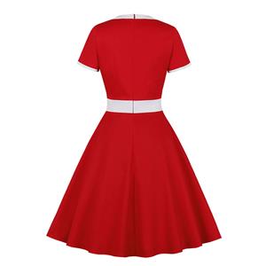 1950's Vintage Round Neck Cut-out Short Sleeves High Waist Color Blocking Cocktail Midi Dress N21487