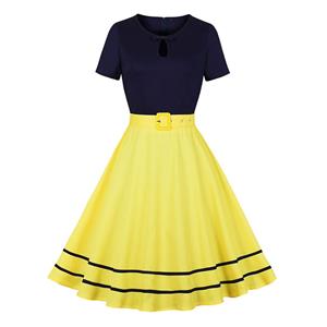 1950's Vintage Round Neck Short Sleeves High Waist Color Blocking Cocktail Belted Swing Dress N21488