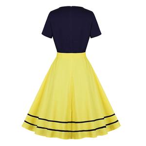 1950's Vintage Round Neck Short Sleeves High Waist Color Blocking Cocktail Belted Swing Dress N21488