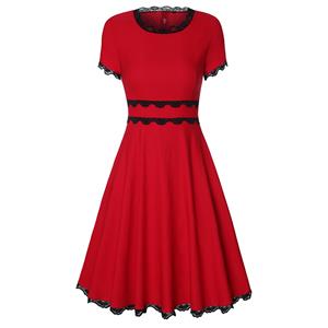 Vintage Red Round Neck Lace Trim High Waist Swing Dress N18749