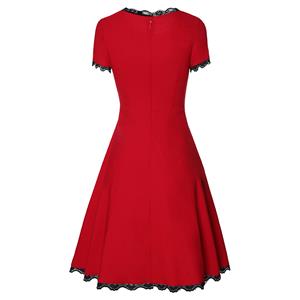 Vintage Red Round Neck Lace Trim High Waist Swing Dress N18749