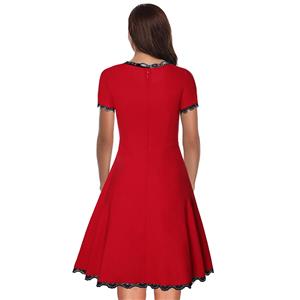 Vintage Red Round Neck Lace Trim High Waist Swing Dress N18749