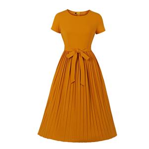 Elegant Solid Color Round Neck Front Tie-up Pleated Dress N20008