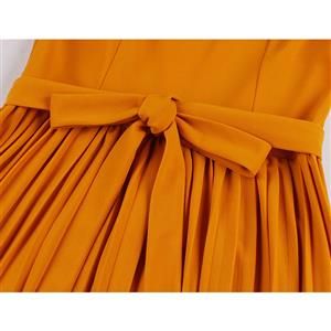 Elegant Solid Color Round Neck Front Tie-up Pleated Dress N20008