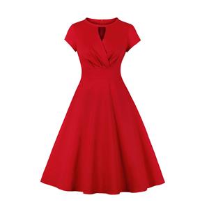 Vintage Round Neckline Front Cut-out Short Sleeve Solid Color High Waist Cocktail Midi Dress N21699