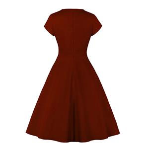 Vintage Round Neckline Front Cut-out Short Sleeve Solid Color High Waist Cocktail Midi Dress N21700
