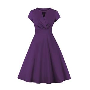 Vintage Round Neckline Front Cut-out Short Sleeve Solid Color High Waist Cocktail Midi Dress N21701