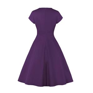 Vintage Round Neckline Front Cut-out Short Sleeve Solid Color High Waist Cocktail Midi Dress N21701