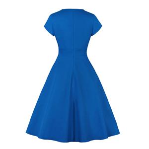 Vintage Round Neckline Front Cut-out Short Sleeve Solid Color High Waist Cocktail Midi Dress N21702