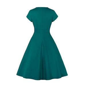 Vintage Round Neckline Front Cut-out Short Sleeve Solid Color High Waist Cocktail Midi Dress N21703