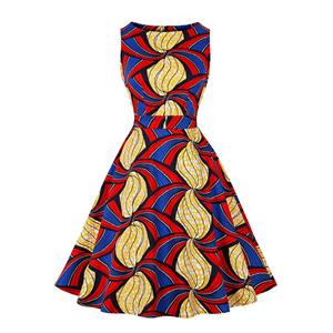 1950s Vintage Round Neckline Sleeveless Art Printed Sash High Waist Summer Swing Dress N21848