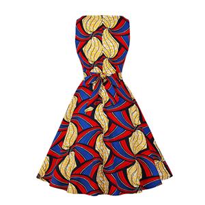 1950s Vintage Round Neckline Sleeveless Art Printed Sash High Waist Summer Swing Dress N21848